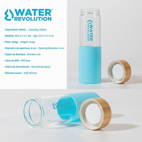 Botella de vidrio 660ml con silicona y tapon de bambu de Water Revolution 'Blanco'