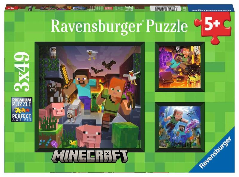 Ravensburger, Puzzle 3x49, 3 puzzles 21x21cm 49 piezas de Minecraft