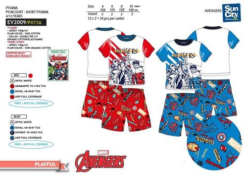 Pijama manga corta algodn de Avengers