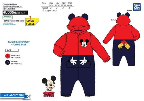 Pijama mono coralina con capucha y bolsillos para beb de Mickey Mouse
